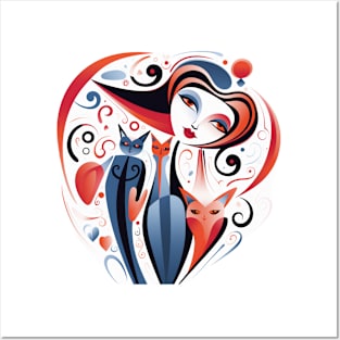 Abstract heart shape woman and her cats Posters and Art